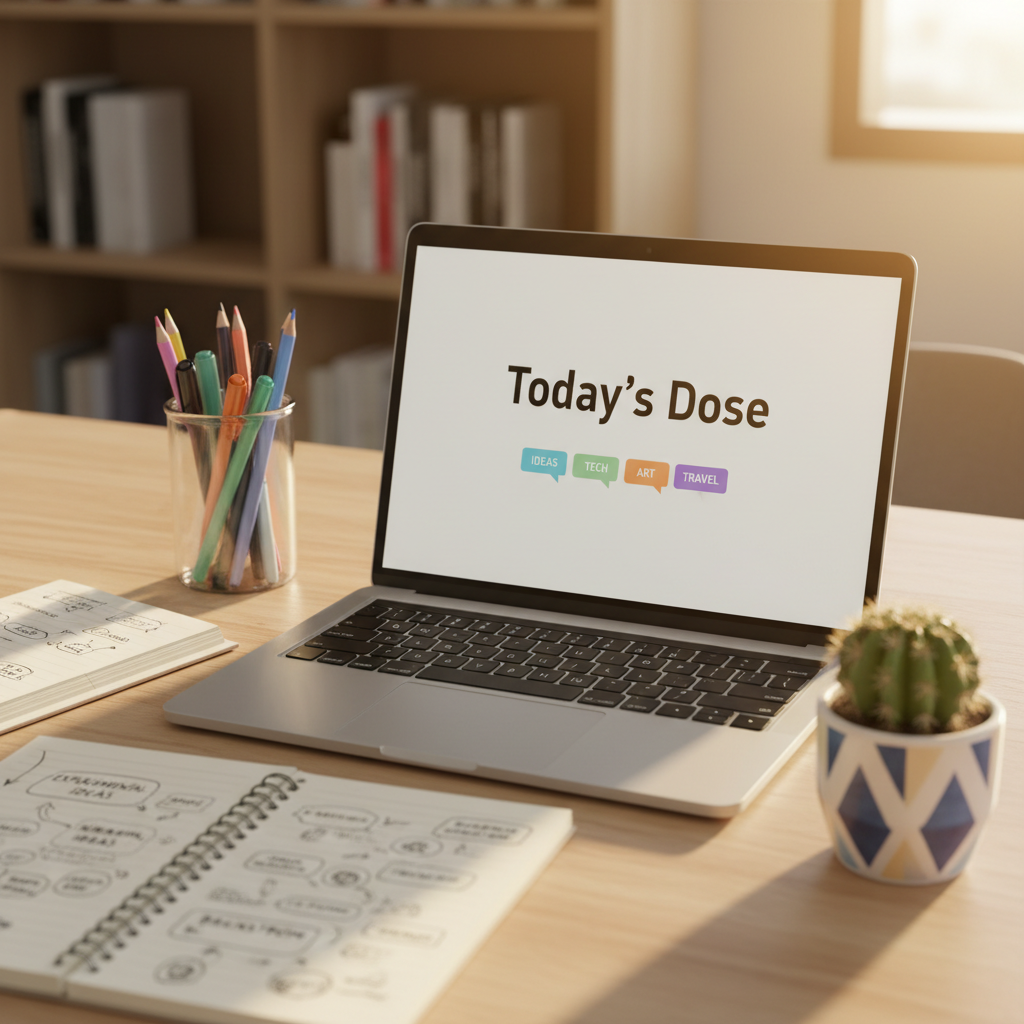 A close-up of a sleek silver laptop on a tidy light-wood table, its screen showing a minimalist blog interface with bold “Today’s Dose” text and colorful category tags. Beside it sits a spiral notebook with scribbled experimental ideas, a clear glass jar of mixed pens, and a small cactus in a patterned ceramic pot. Late-afternoon natural light streams in from the right, creating a golden edge around the laptop and soft bokeh in the distant background of blurred bookshelves. Photographic realism, eye-level composition using the rule of thirds, with warm, energetic yet cozy mood that suggests creativity, curiosity, and a touch of playful organization.