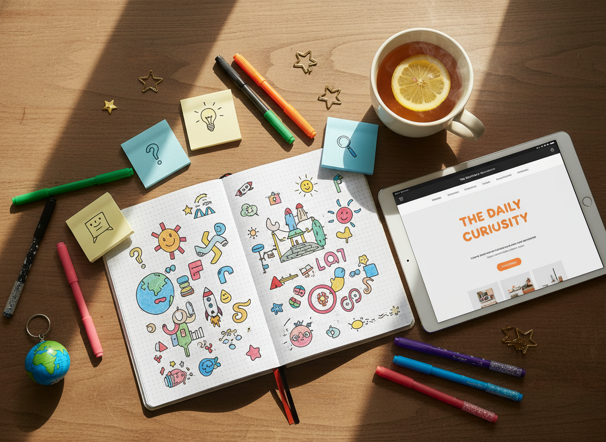 A playful flat-lay of a cluttered wooden desk filled with curious objects for a daily information blog: an open dotted notebook covered with colorful hand-drawn doodles, sticky notes with tiny icons, a tablet displaying a clean blog homepage, and a bright ceramic mug of tea with a lemon slice. Scattered around are gel pens, paper clips shaped like stars, and a tiny globe keychain. Soft morning light from an unseen window washes in from the left, casting gentle shadows and a warm glow. Photographic realism with vibrant, saturated colors, shot from a bird’s-eye view with shallow depth of field, creating a lively, inviting and slightly whimsical atmosphere perfect for a playful information hub.
