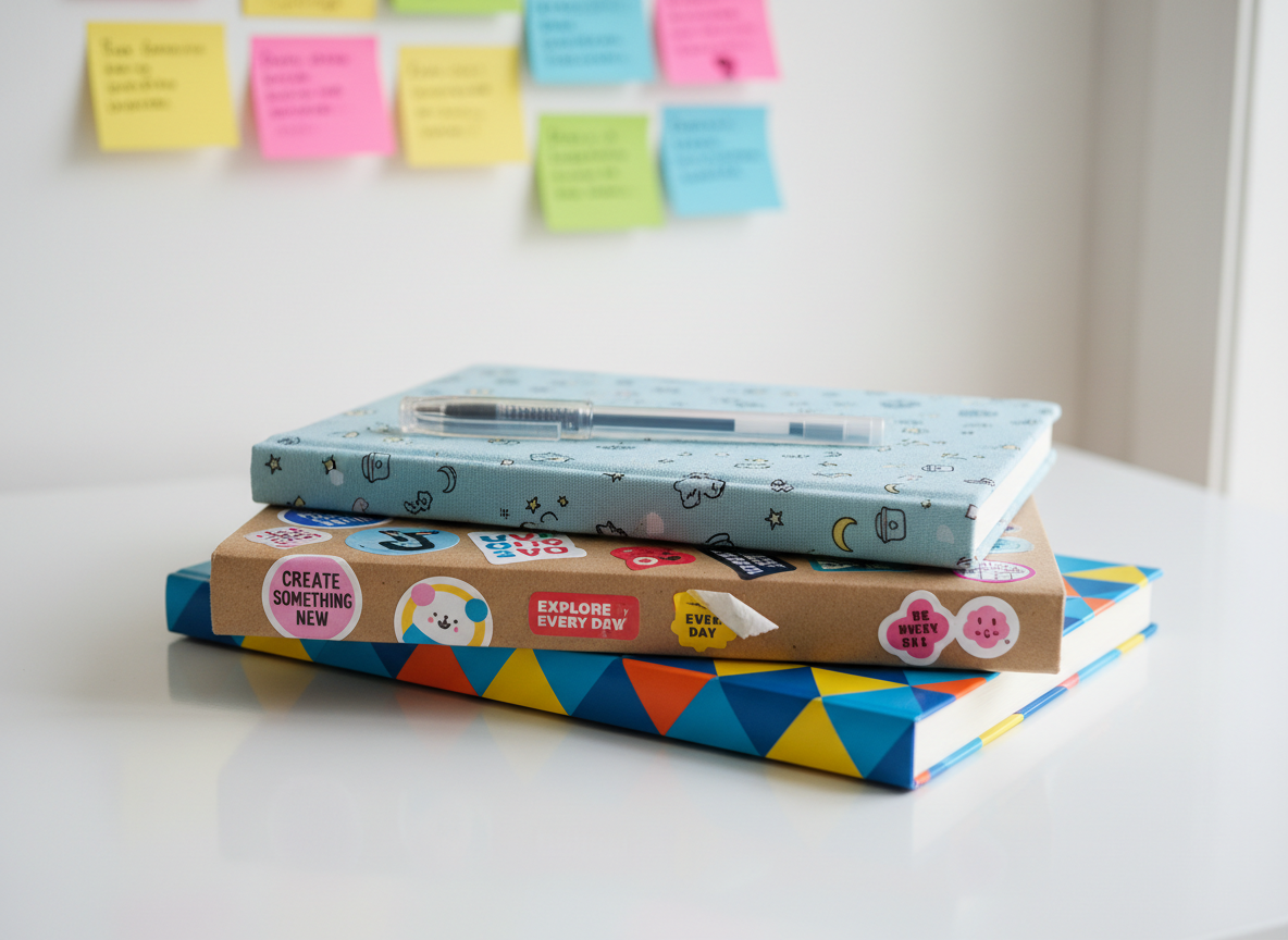 A vibrant stack of mismatched notebooks and journals, each with different textures: a fabric-covered one with tiny illustrated icons, a kraft-paper one covered in colorful stickers, and a glossy one with bold geometric patterns. They rest on a smooth white desk, slightly askew, with a transparent gel pen lying diagonally across the top notebook. In the background, softly blurred, are neatly arranged colored index cards taped to a wall like idea snapshots. Soft diffused daylight fills the scene, creating gentle reflections on the glossy cover. Photographic realism, rule-of-thirds composition, bright and optimistic mood with a playful, creative energy that suggests a personal, experimental approach to daily information.