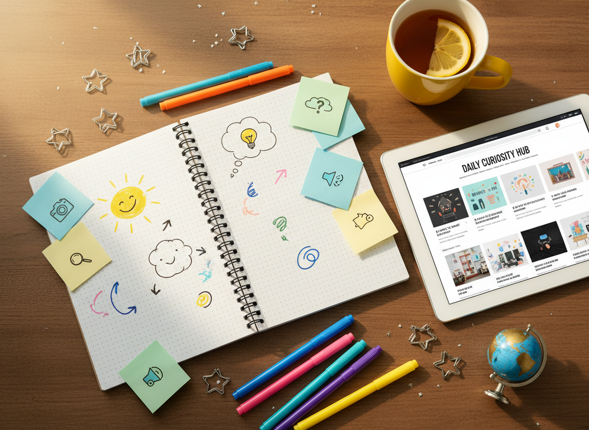 A playful flat-lay of a cluttered wooden desk filled with curious objects for a daily information blog: an open dotted notebook covered with colorful hand-drawn doodles, sticky notes with tiny icons, a tablet displaying a clean blog homepage, and a bright ceramic mug of tea with a lemon slice. Scattered around are gel pens, paper clips shaped like stars, and a tiny globe keychain. Soft morning light from an unseen window washes in from the left, casting gentle shadows and a warm glow. Photographic realism with vibrant, saturated colors, shot from a bird’s-eye view with shallow depth of field, creating a lively, inviting and slightly whimsical atmosphere perfect for a playful information hub.