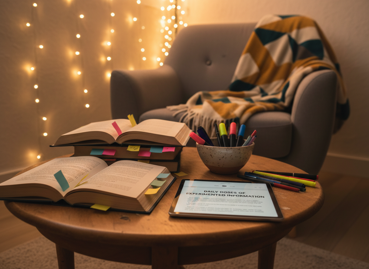 A cozy reading corner staged as a blogger’s thinking space: a low round wooden table with a small stack of open books, each filled with colorful sticky tabs and handwritten notes, alongside a tablet displaying a simple blog post layout with a bold title. A ceramic bowl holds assorted highlighters and fine-liners. Behind, a plush armchair is draped with a patterned throw blanket, while fairy lights hang in the background, softly out of focus. Warm, ambient evening lighting with a gentle golden glow, photographic realism, shot from a slightly low angle to emphasize depth. The mood is inviting, playful, and intellectually curious, perfect for a personal blog about daily doses of experimented information.