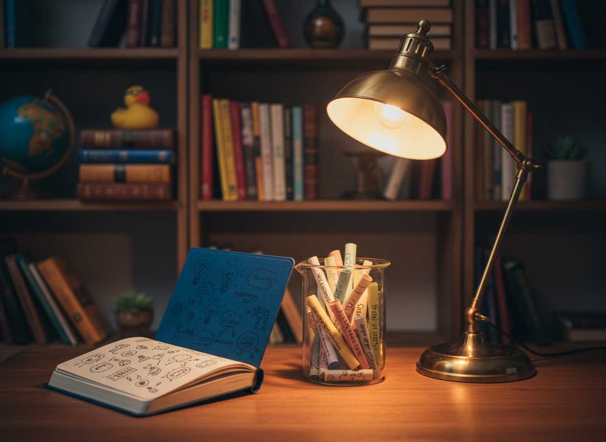 A whimsical still life of everyday objects turned into an “idea lab” for a blog: a transparent glass beaker filled with multicolored paper strips labeled with tiny handwritten topics, next to an open hardcover journal filled with small sketches and arrows connecting concepts. A shiny vintage desk lamp with a warm bulb casts a pool of light on the center, leaving the edges in soft shadow. Background shows blurred shelves with neatly stacked books and quirky objects like a rubber duck on top of a stack. Photographic realism, slightly elevated angle, vibrant yet cozy mood, with rich contrasts and shallow depth of field emphasizing the playful experimentation of personal knowledge-making.